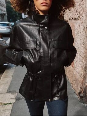 NWT Zara Black Faux Leather High Collar  Jacket